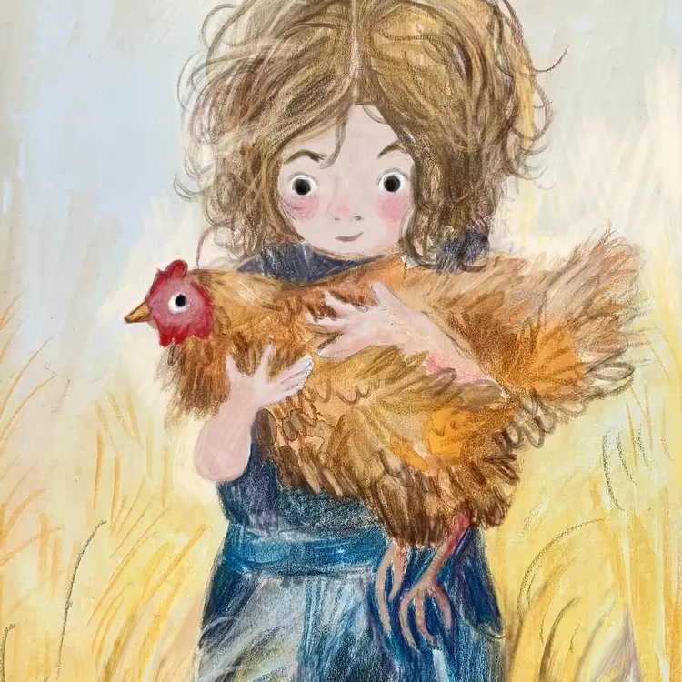 an illustration of a girl holding a chicken, the girl and chicken are looking at each other. Drawn with gouache, coloured pencils and procreate
